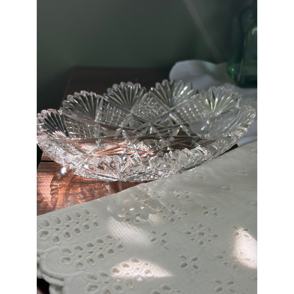 Antique American Brilliant Cut Glass Fan Star Dish, Scalloped Bowl
